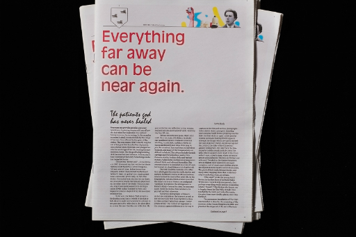 Zine pages on a black background with black text and red heading, Everything far away can be near again