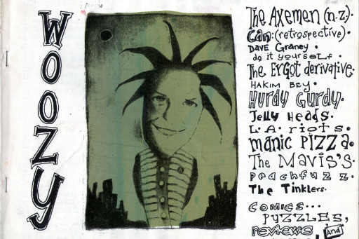 Picture of hand-stapled fanzine with cartoon cover and handwritten list of contents